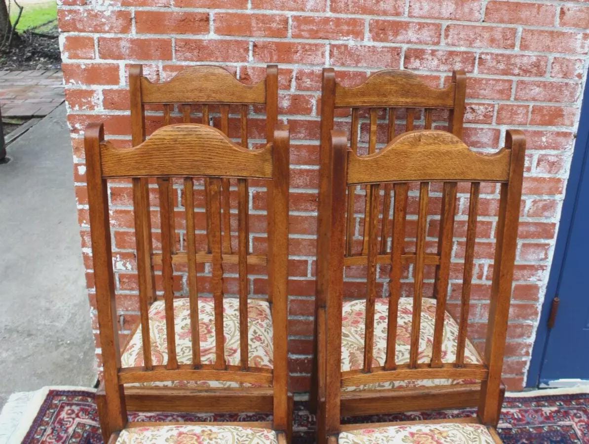 Pair of Antique Oak Arts & Crafts Dining Chairs w/ Floral Upholstery