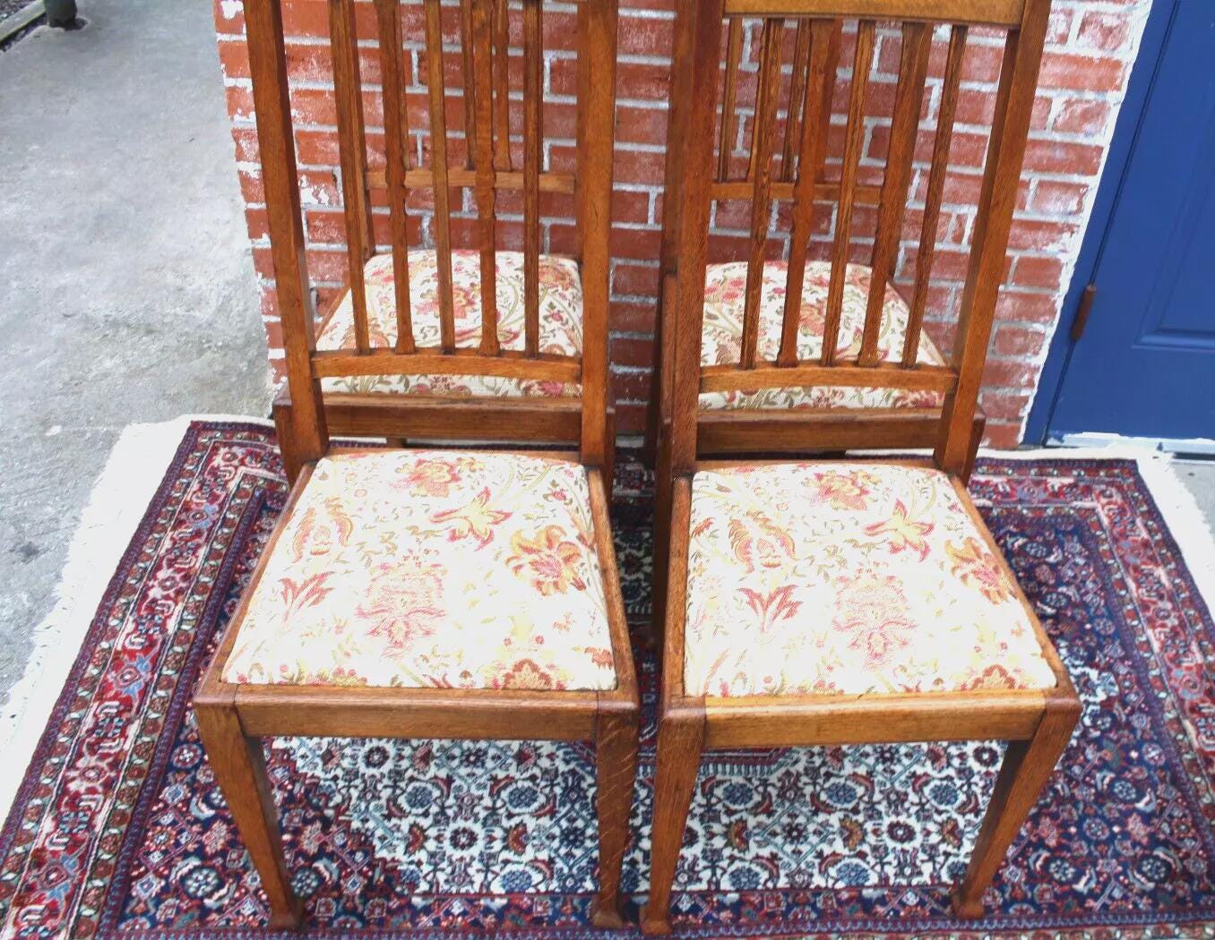 Pair of Antique Oak Arts & Crafts Dining Chairs w/ Floral Upholstery
