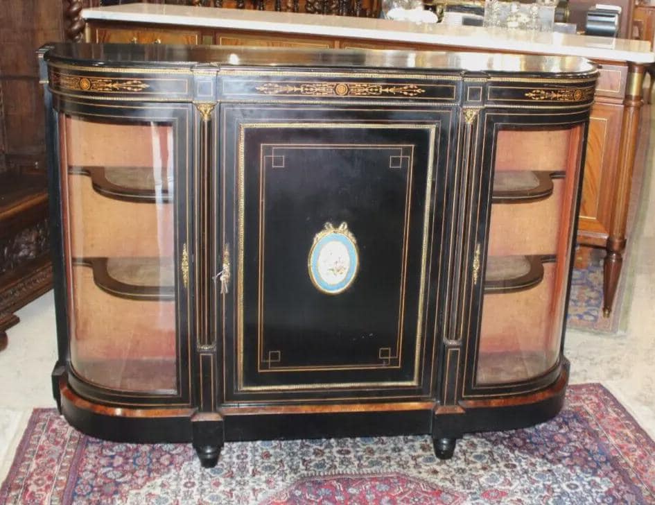 French Antique Louis XVI Black Painted Sideboard Server Display Cabinet