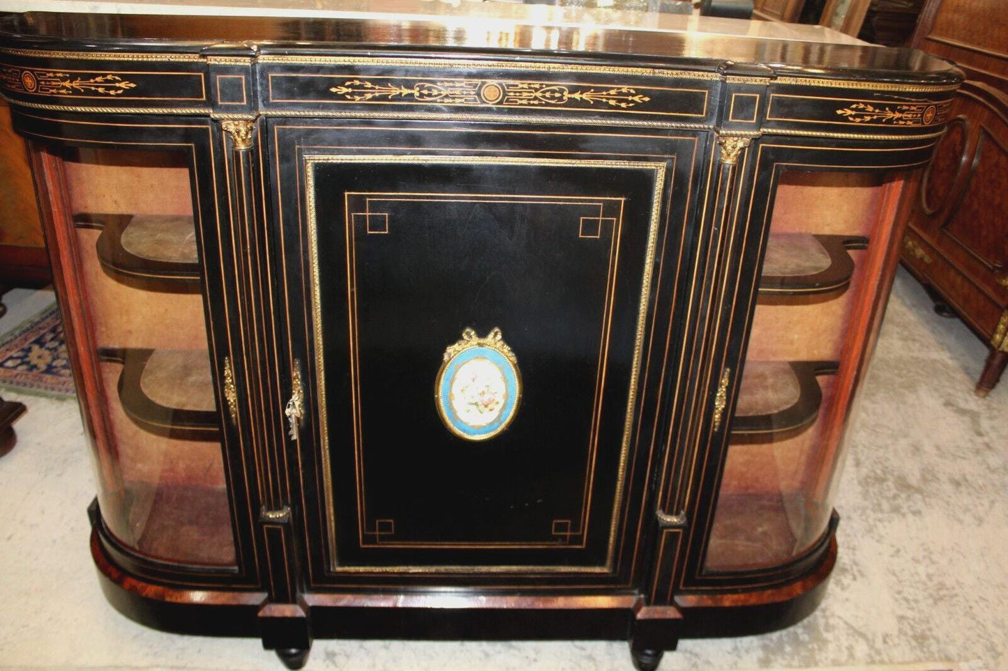 French Antique Louis XVI Black Painted Sideboard Server Display Cabinet