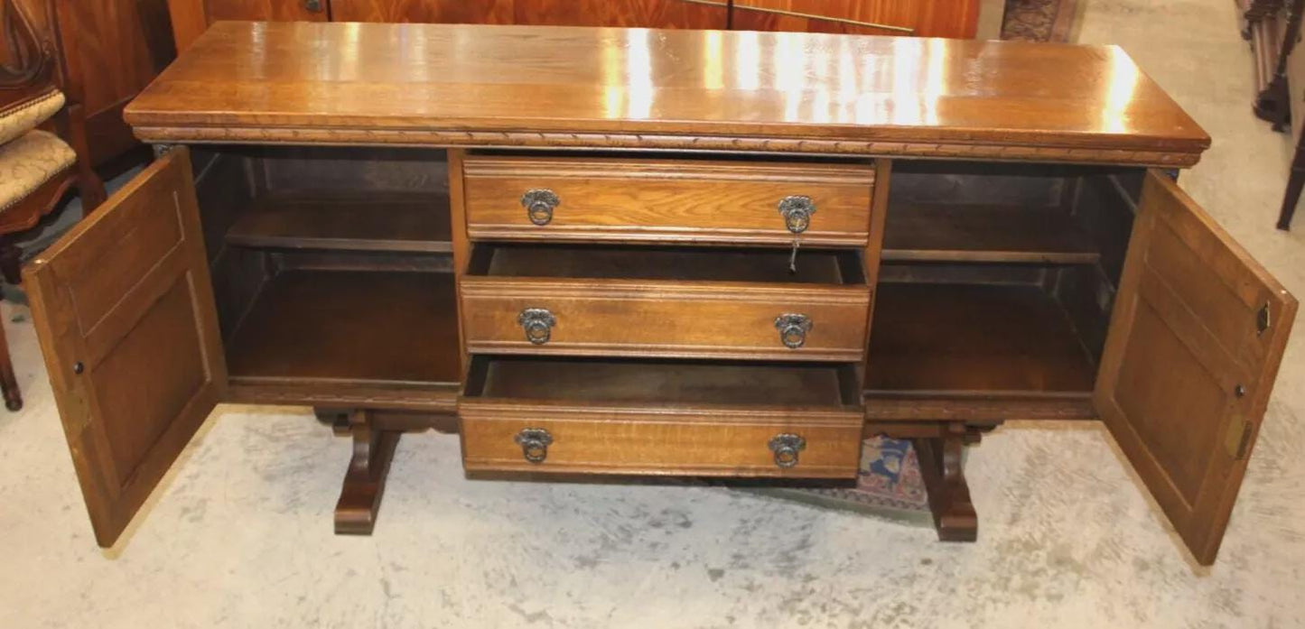 English Antique Oak Sideboard Buffet Bar Cabinet with Carved Doors & Drawers