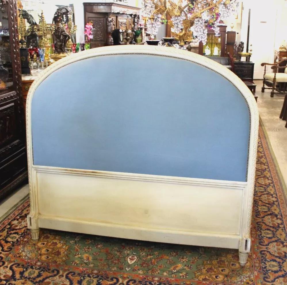 French Antique Louis XVI Upholstered Queen Bed w/ Free New Custom Upholstery