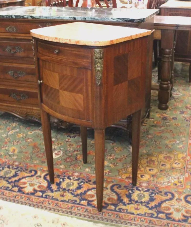 French Art Deco Walnut Nightstand with Marble Top | Antique Bedside Cabinet