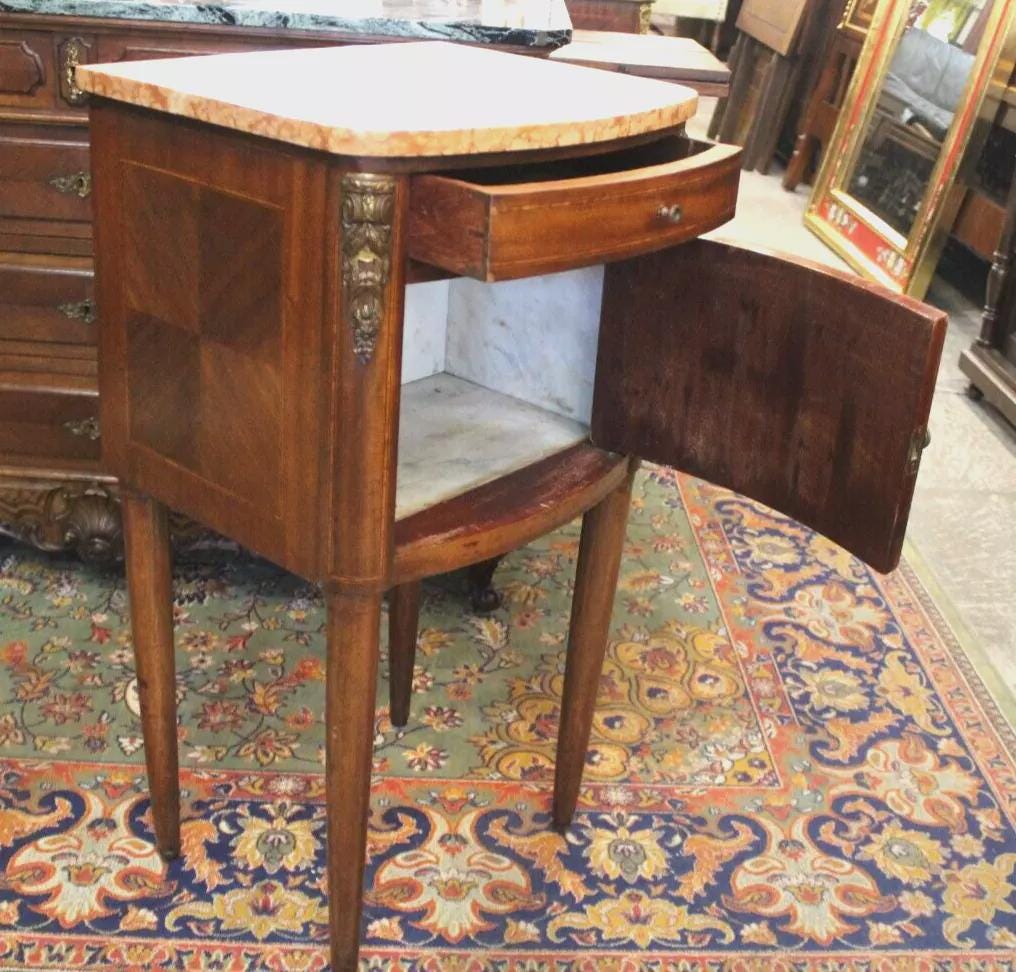 French Art Deco Walnut Nightstand with Marble Top | Antique Bedside Cabinet