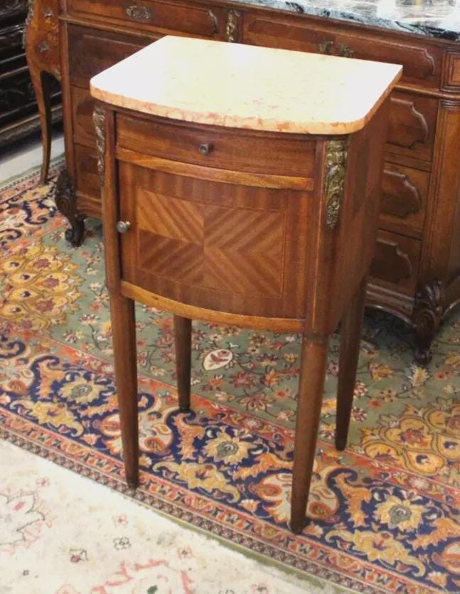 French Art Deco Walnut Nightstand with Marble Top | Antique Bedside Cabinet