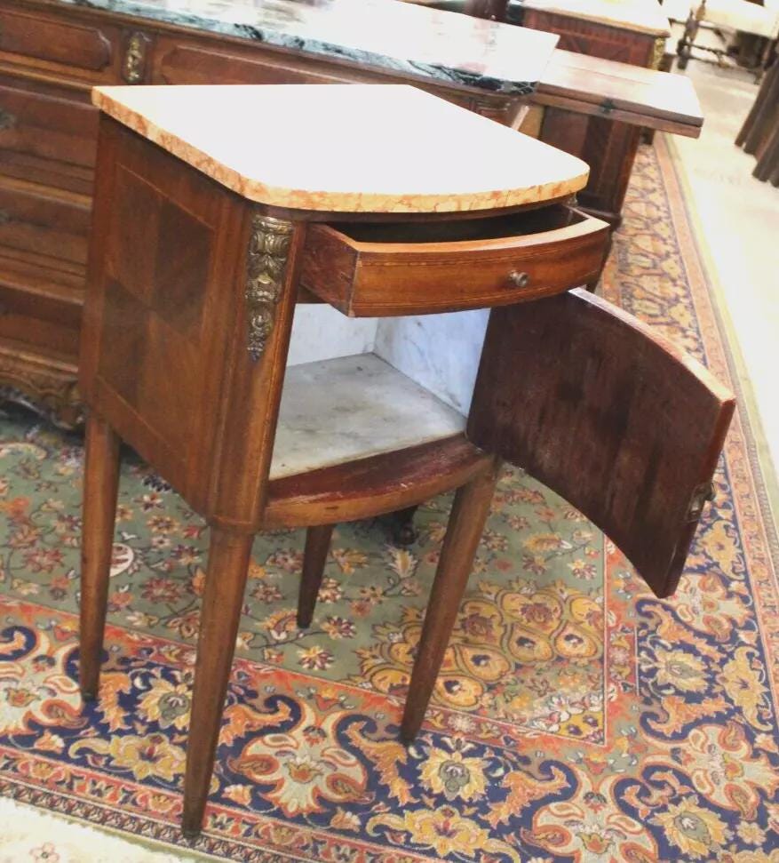 French Art Deco Walnut Nightstand with Marble Top | Antique Bedside Cabinet