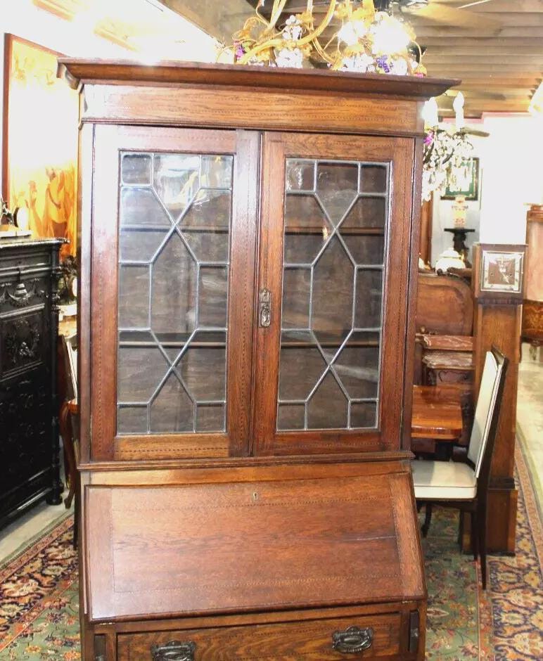 English Oak Arts & Crafts Secretary Desk | Leaded Glass Cabinet Writing Desk