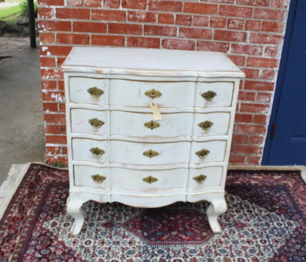 Scandinavian Painted Antique White Chest | Vintage Small Curved Drawer Dresser