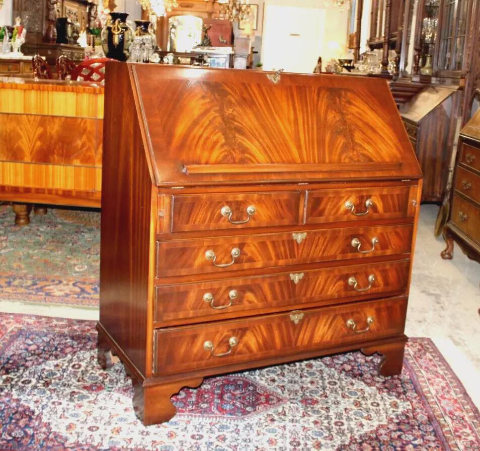 English Flamed Mahogany Bevan Funnel Front Drop Desk | Antique Secretary