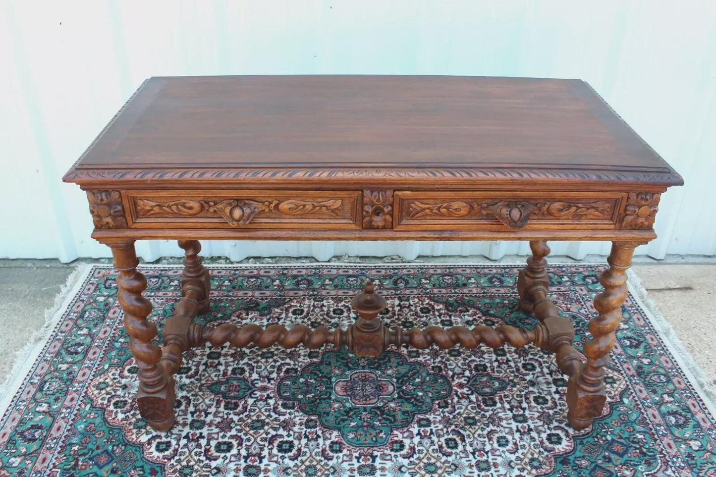 French Antique Oak Louis XIII Desk | Carved Writing Table with Barley Legs
