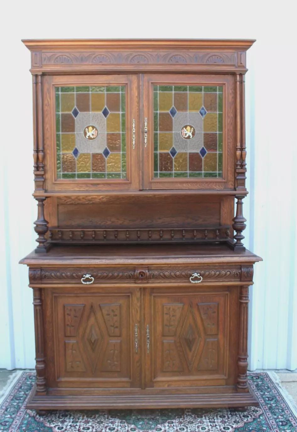 French Antique Oak Renaissance Hutch | Buffet w/ Stained Glass Cabinet Doors