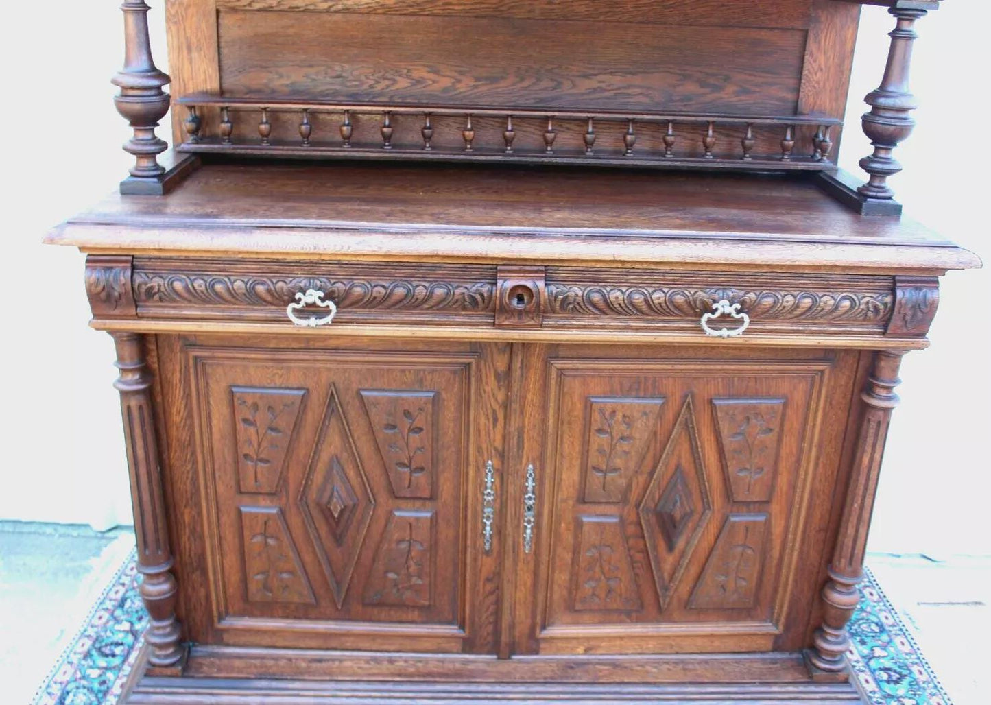 French Antique Oak Renaissance Hutch | Buffet w/ Stained Glass Cabinet Doors