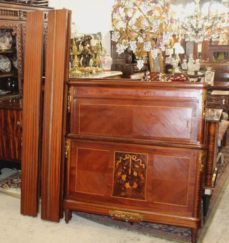Pair French Louis XVI Inlaid Twin Beds | Antique Mahogany Brass Mounts
