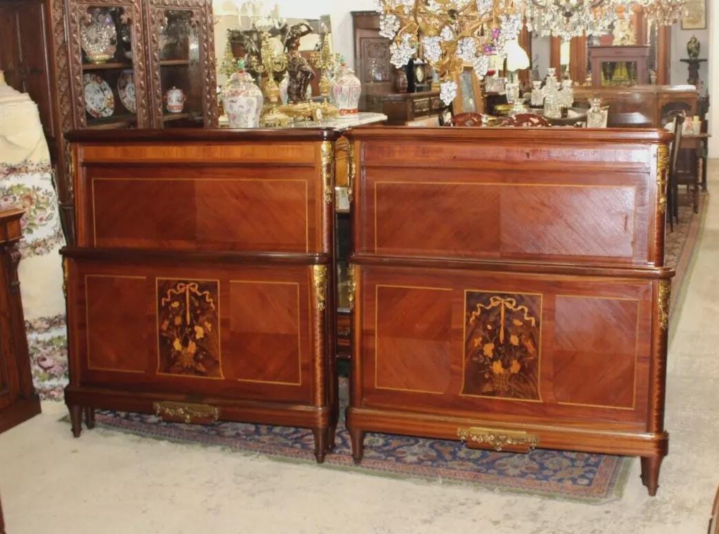 Pair French Louis XVI Inlaid Twin Beds | Antique Mahogany Brass Mounts