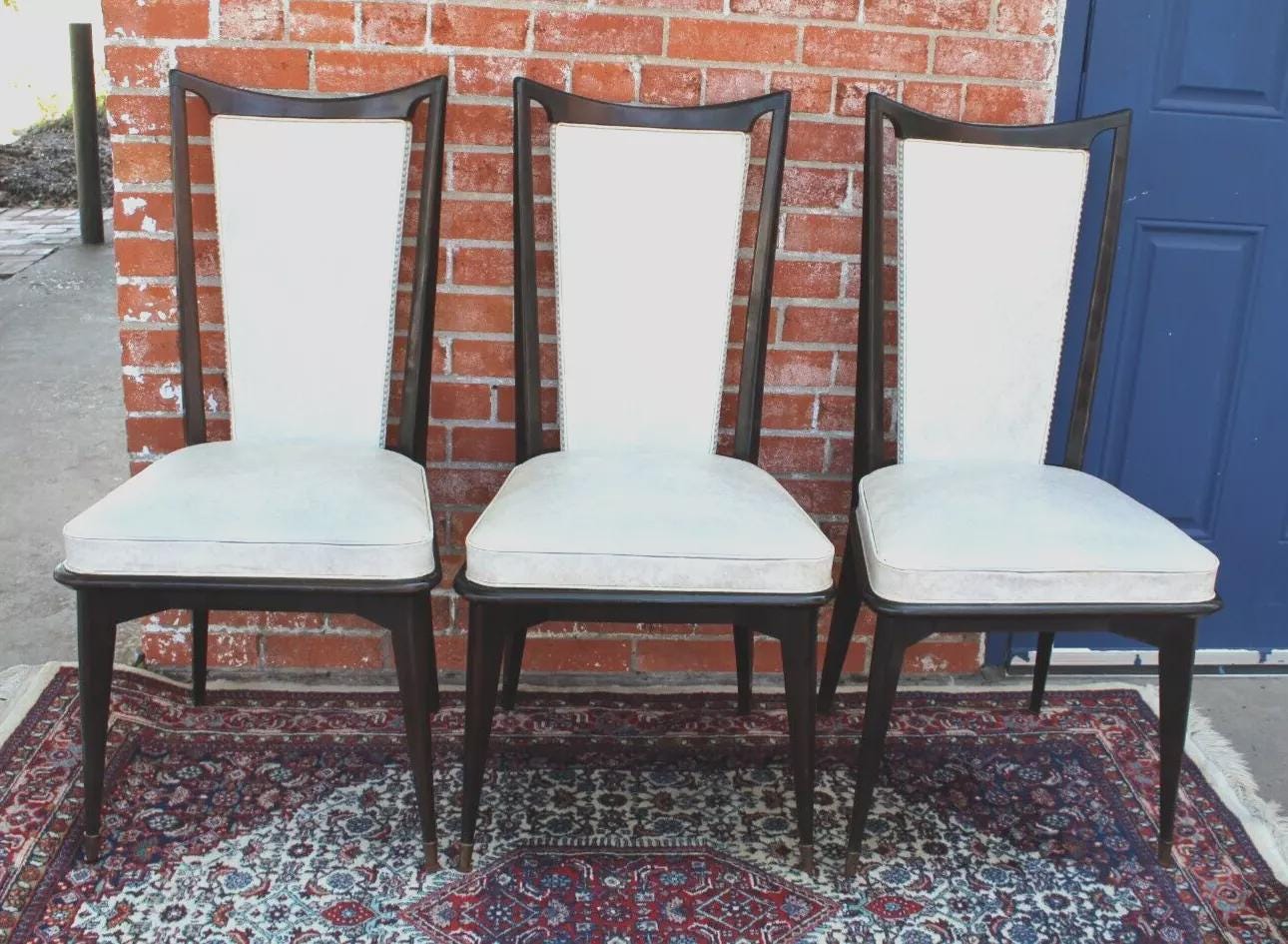 Set of 6 Mid Century Mahogany Dining Chairs | White Upholstered Seats