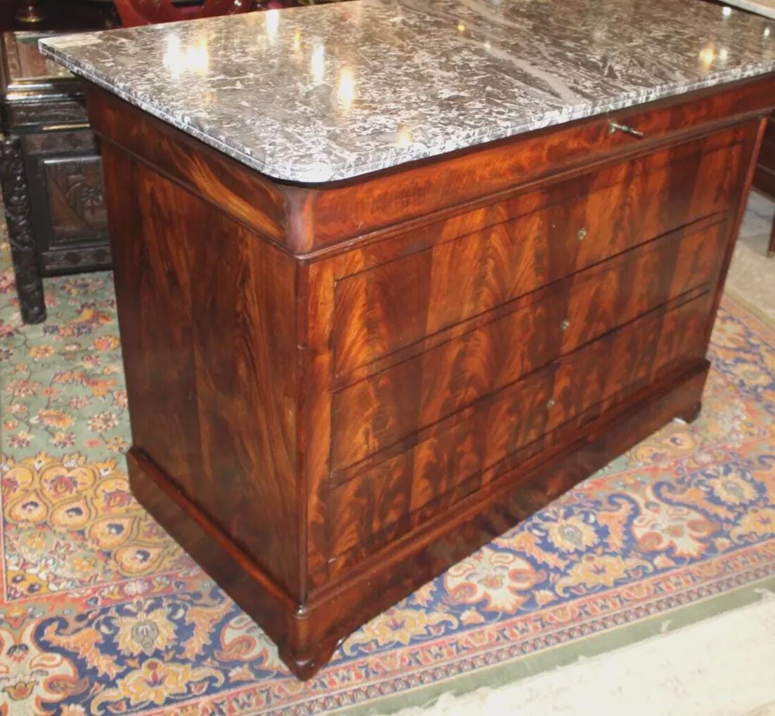 French Louis Philippe Chest | Flamed Mahogany Marble Top Sideboard Cabinet