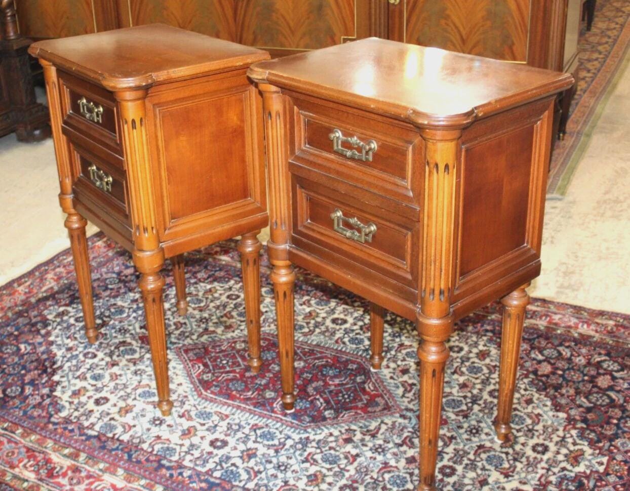 Pair of French Louis XVI Maple Nightstands | Antique 2-Drawer Bedside Tables