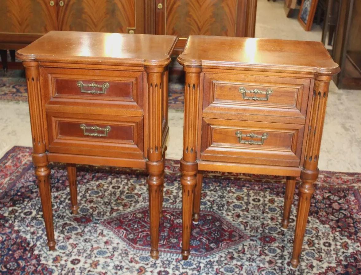 Pair of French Louis XVI Maple Nightstands | Antique 2-Drawer Bedside Tables