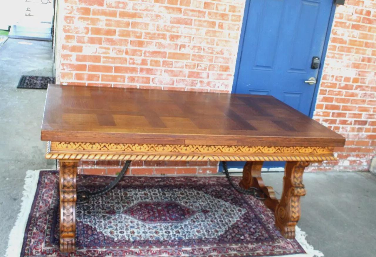 French Antique Oak Draw Leaf Table | Renaissance Spanish Style Dining Table