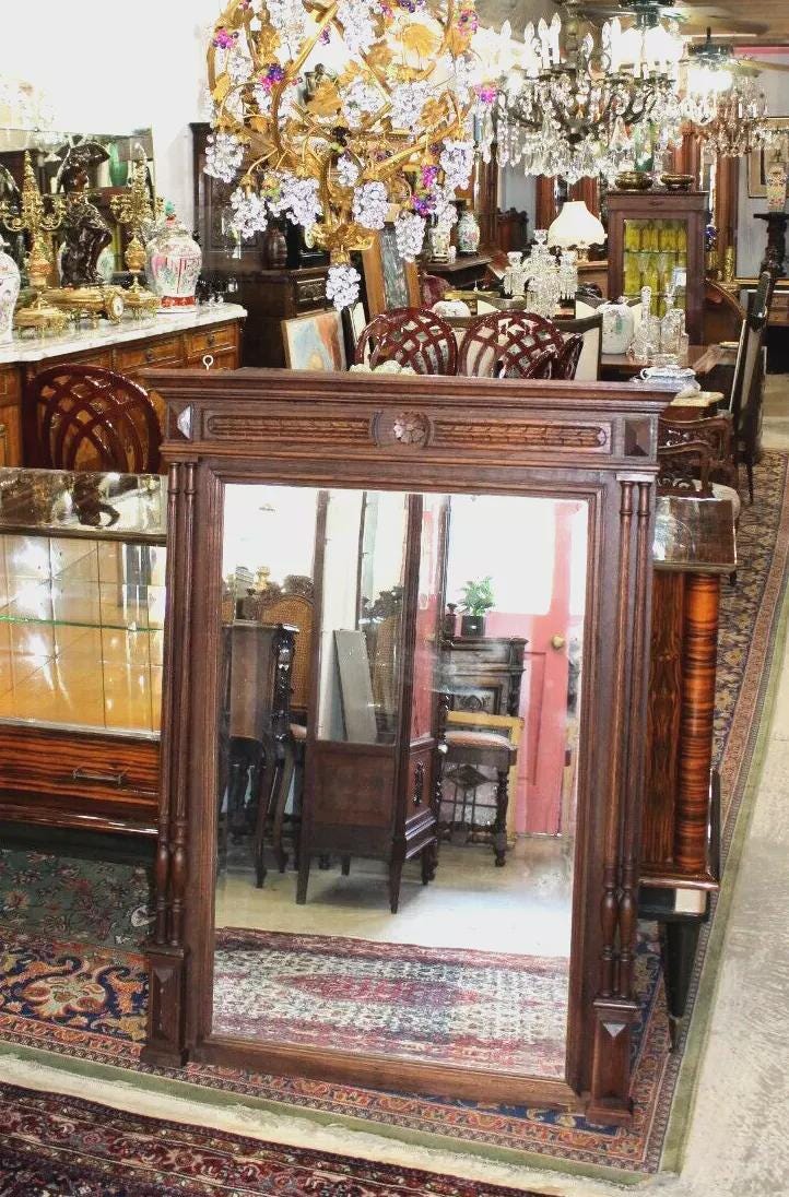 French Antique Louis XVI Mirror | Dark Oak Wood Wall Mirror with Carving