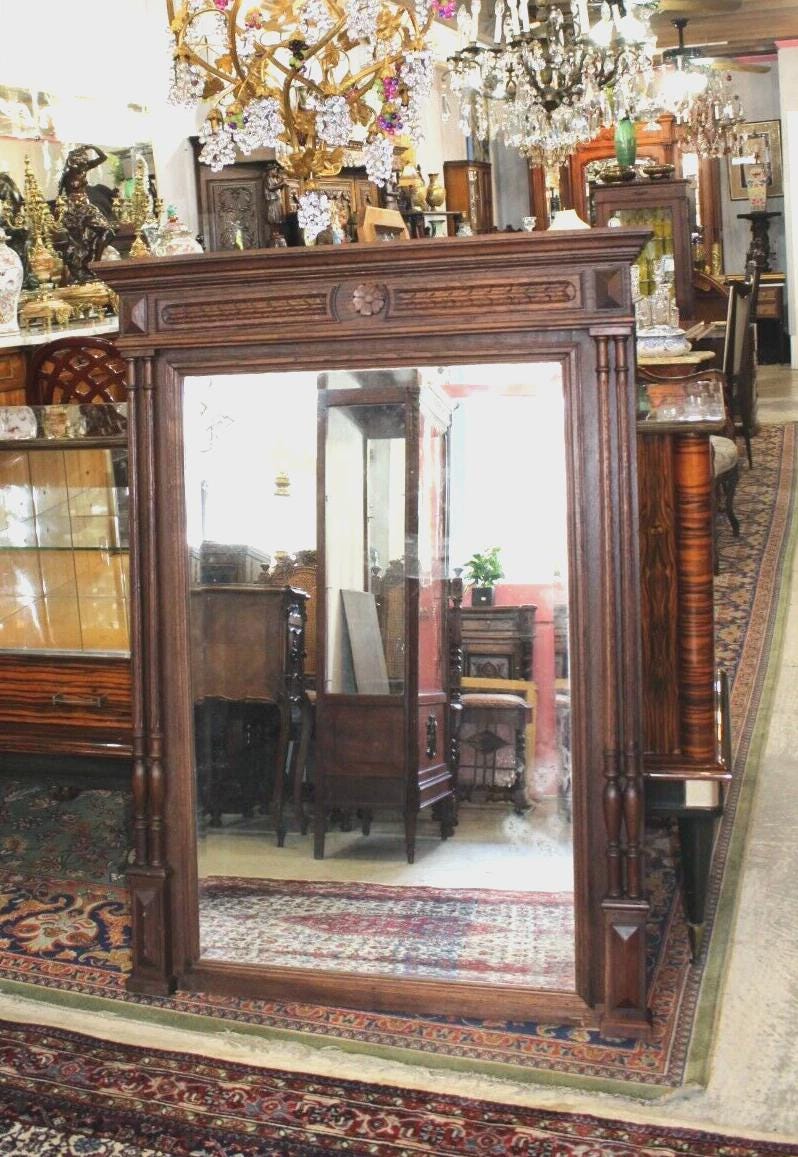 French Antique Louis XVI Mirror | Dark Oak Wood Wall Mirror with Carving