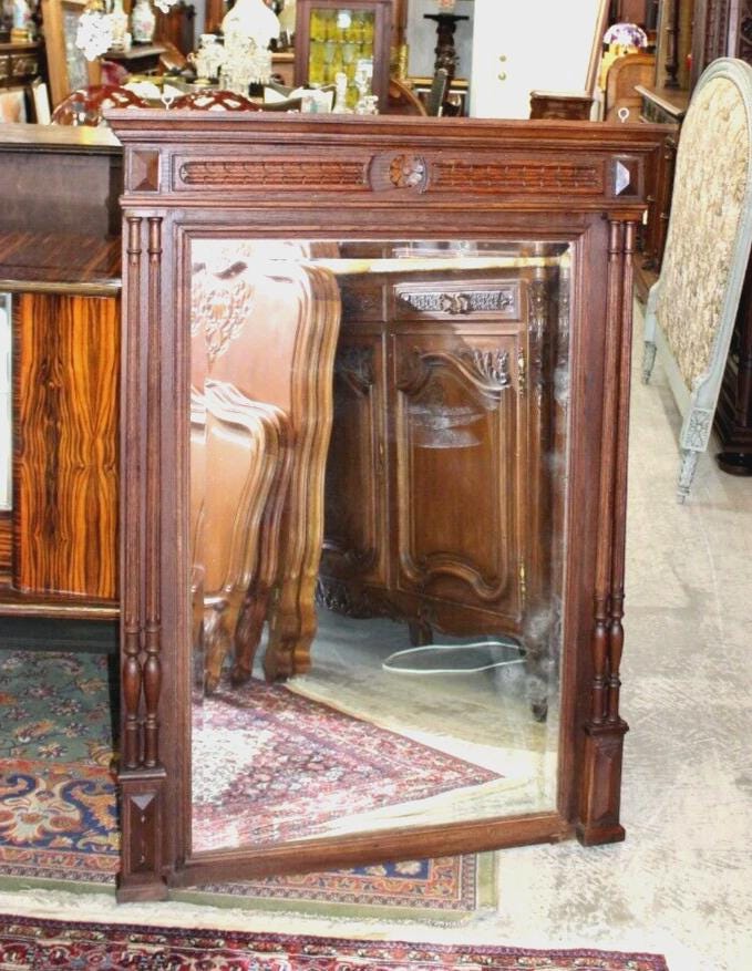 French Antique Louis XVI Mirror | Dark Oak Wood Wall Mirror with Carving