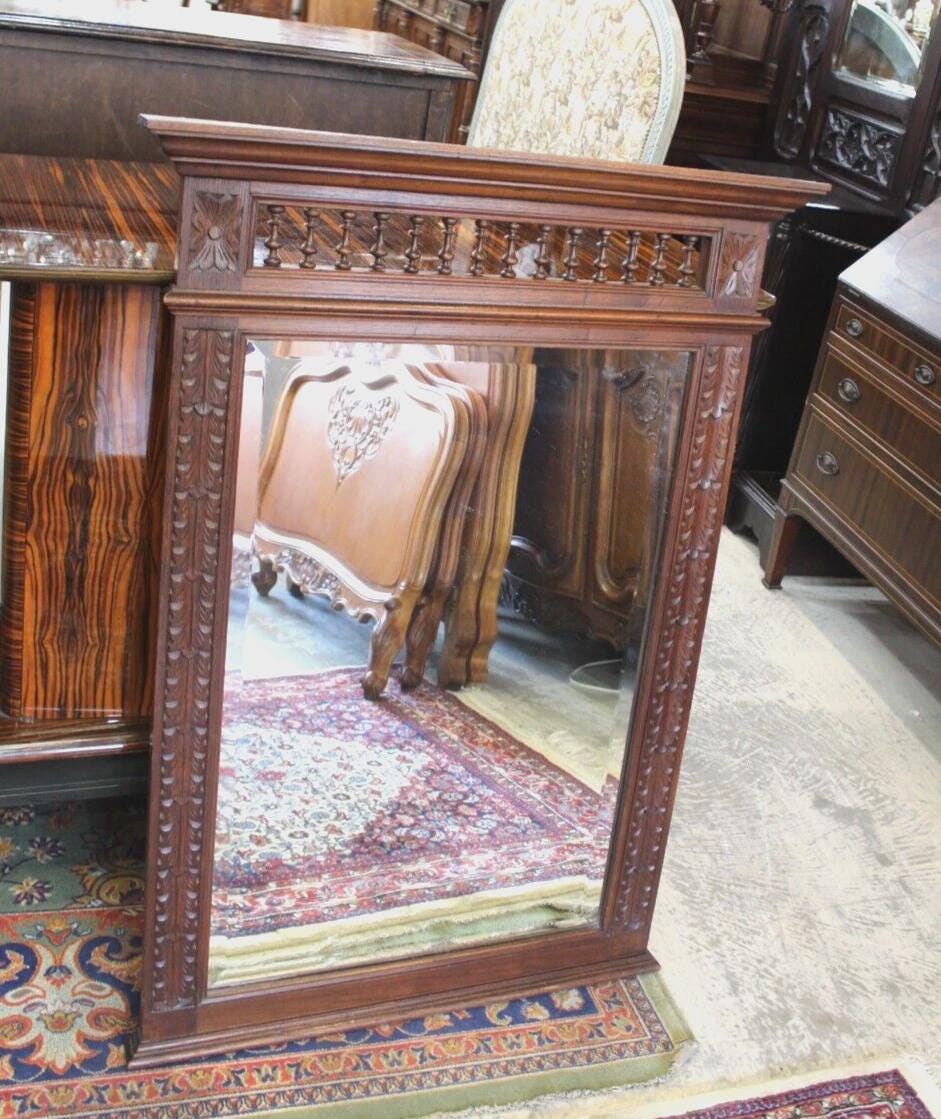 French Antique Brittany Style Mirror | Dark Oak Carved Wall Mirror
