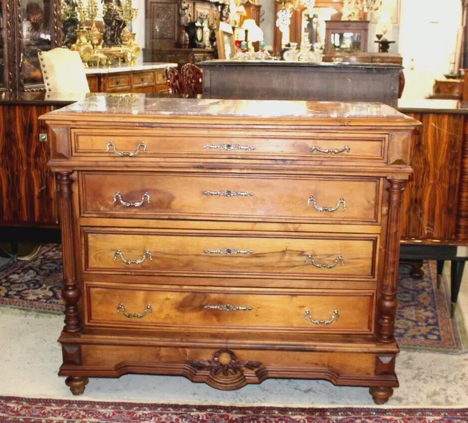 French Antique Henry II Walnut Chest | Marble Top Drawers Dresser c. 1880s