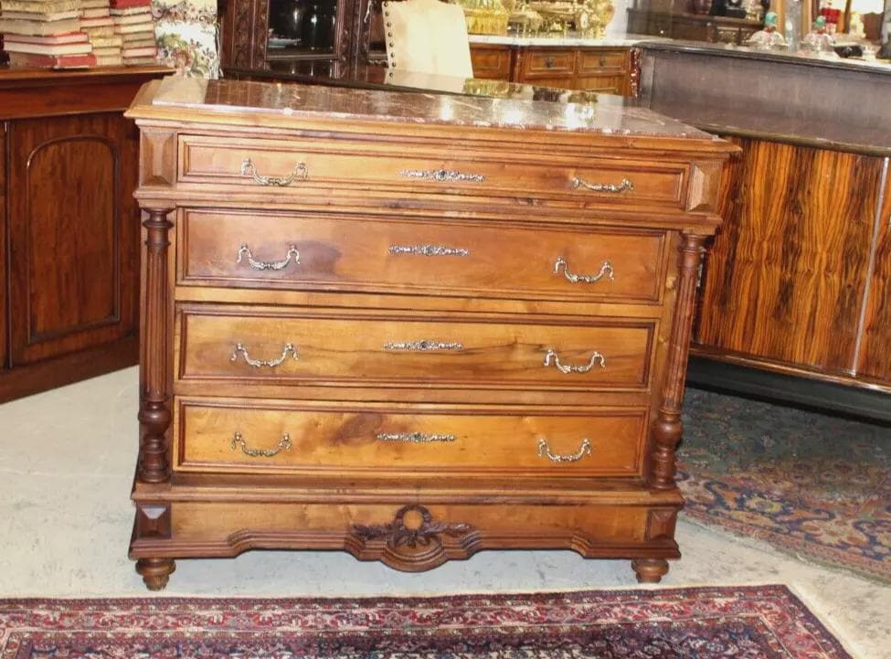 French Antique Henry II Walnut Chest | Marble Top Drawers Dresser c. 1880s
