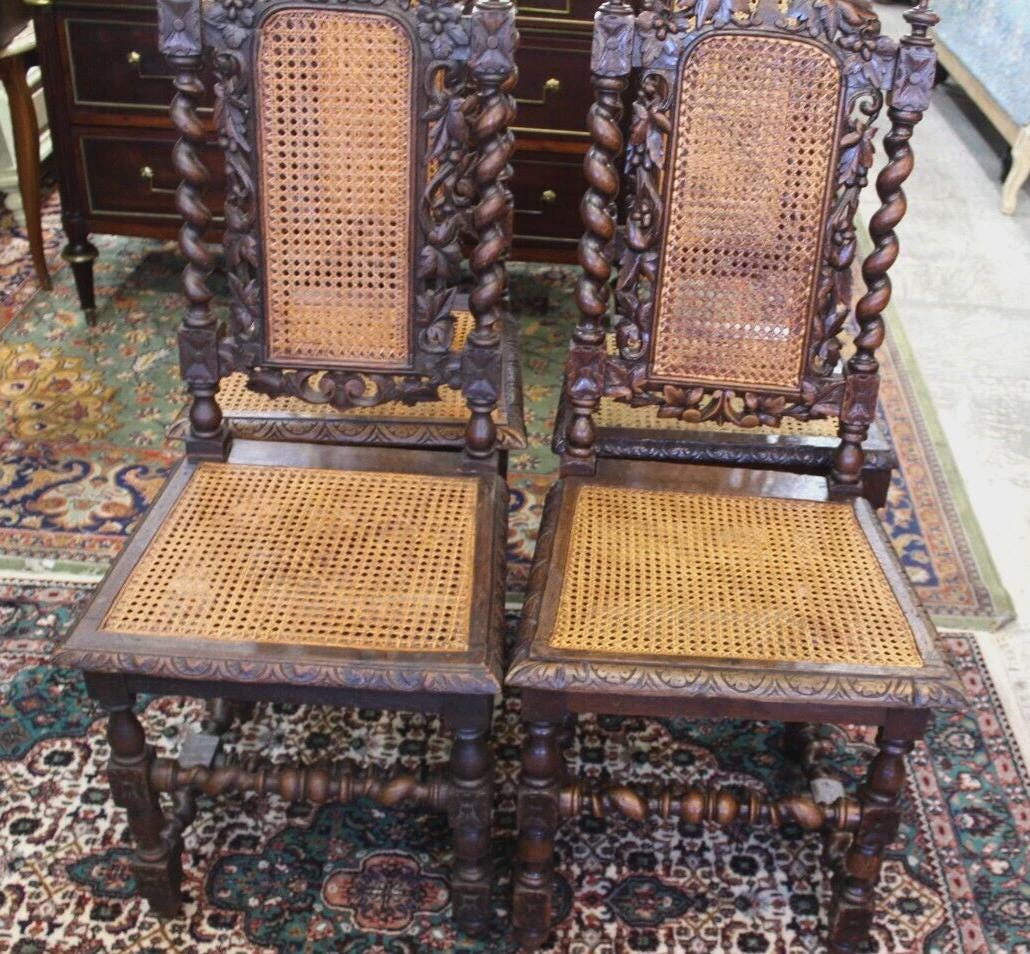 Set of 4 French Louis XIII Oak Dining Chairs | Cane Seat Carved Antique