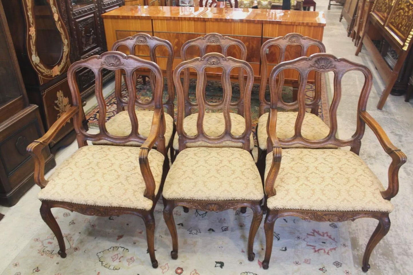Set of 6 French Louis XV Dining Chairs | Oak Frames & Upholstered Seats