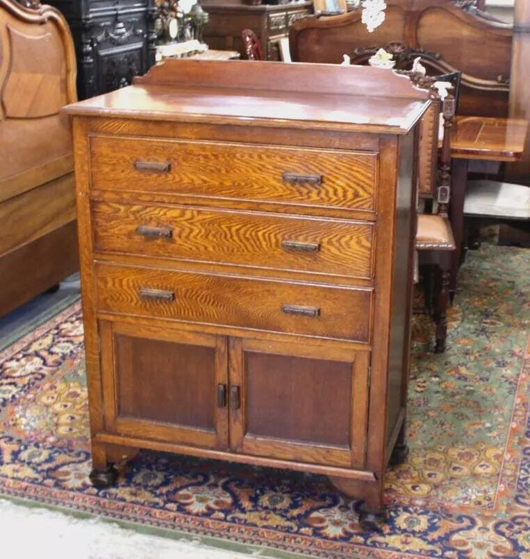 English Antique Tiger Oak Chest | 3 Drawer Dresser with Cabinet Storage
