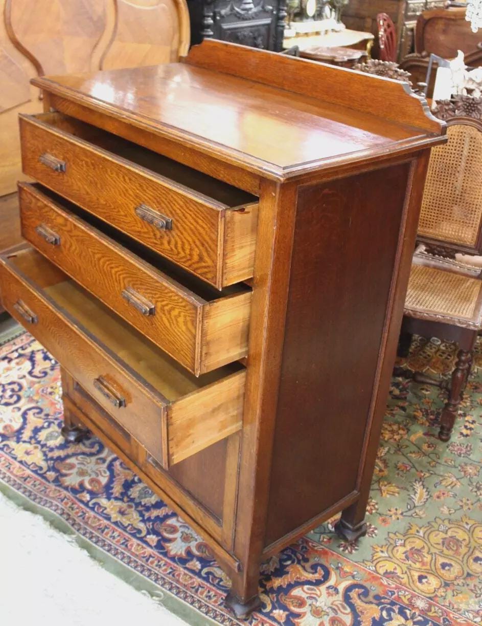English Antique Tiger Oak Chest | 3 Drawer Dresser with Cabinet Storage