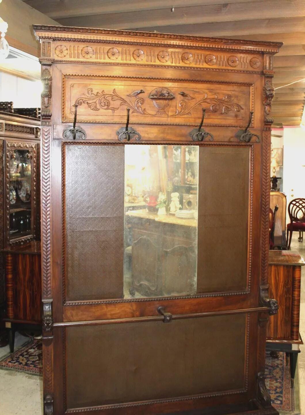 Large French Renaissance Hall Tree | Antique Walnut Coat Rack with Mirror