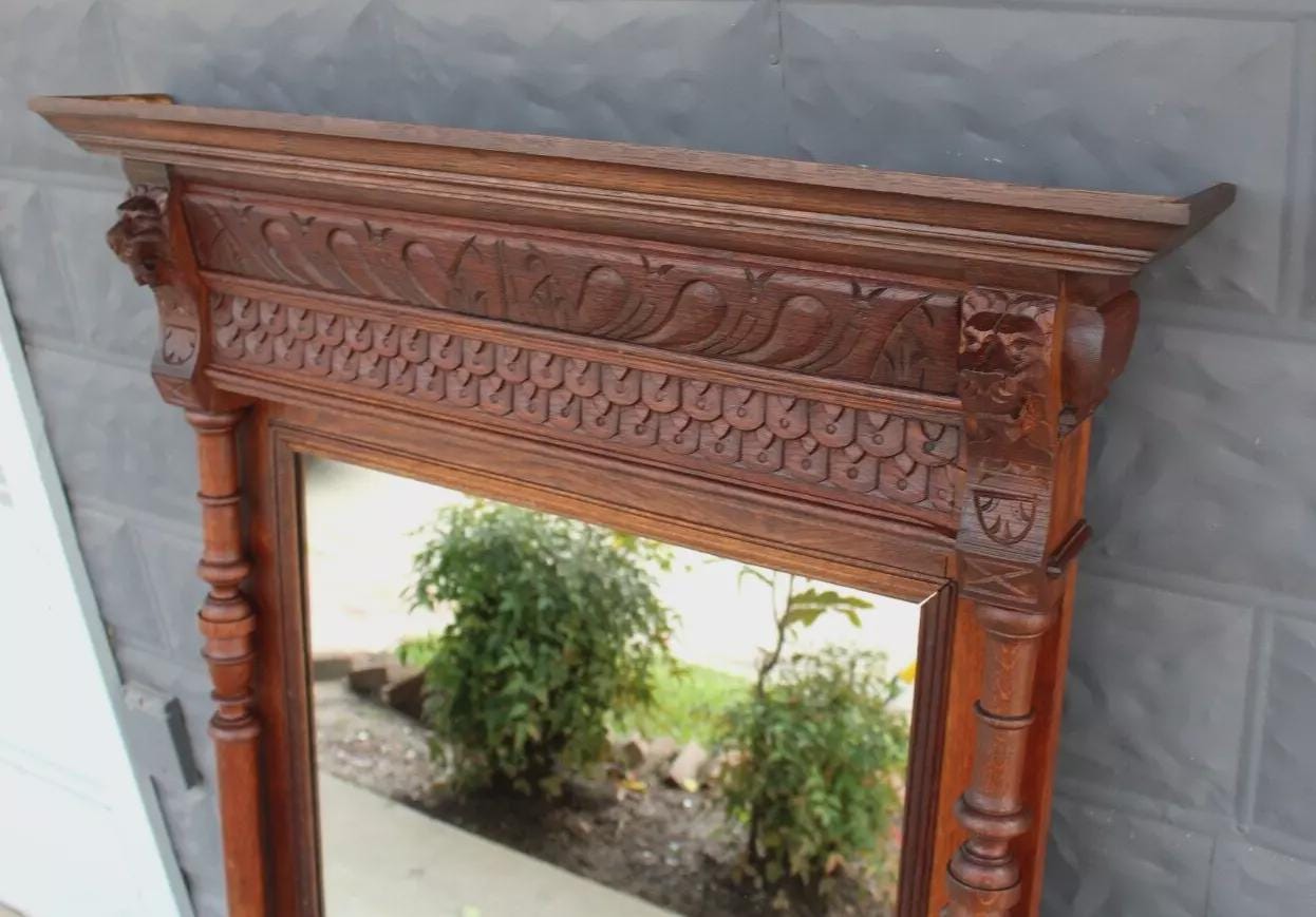 French Antique Dark Oak Mirror | Renaissance Style Carved Wall Frame