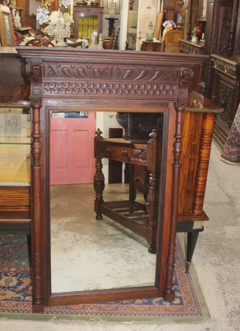 French Antique Dark Oak Mirror | Renaissance Style Carved Wall Frame