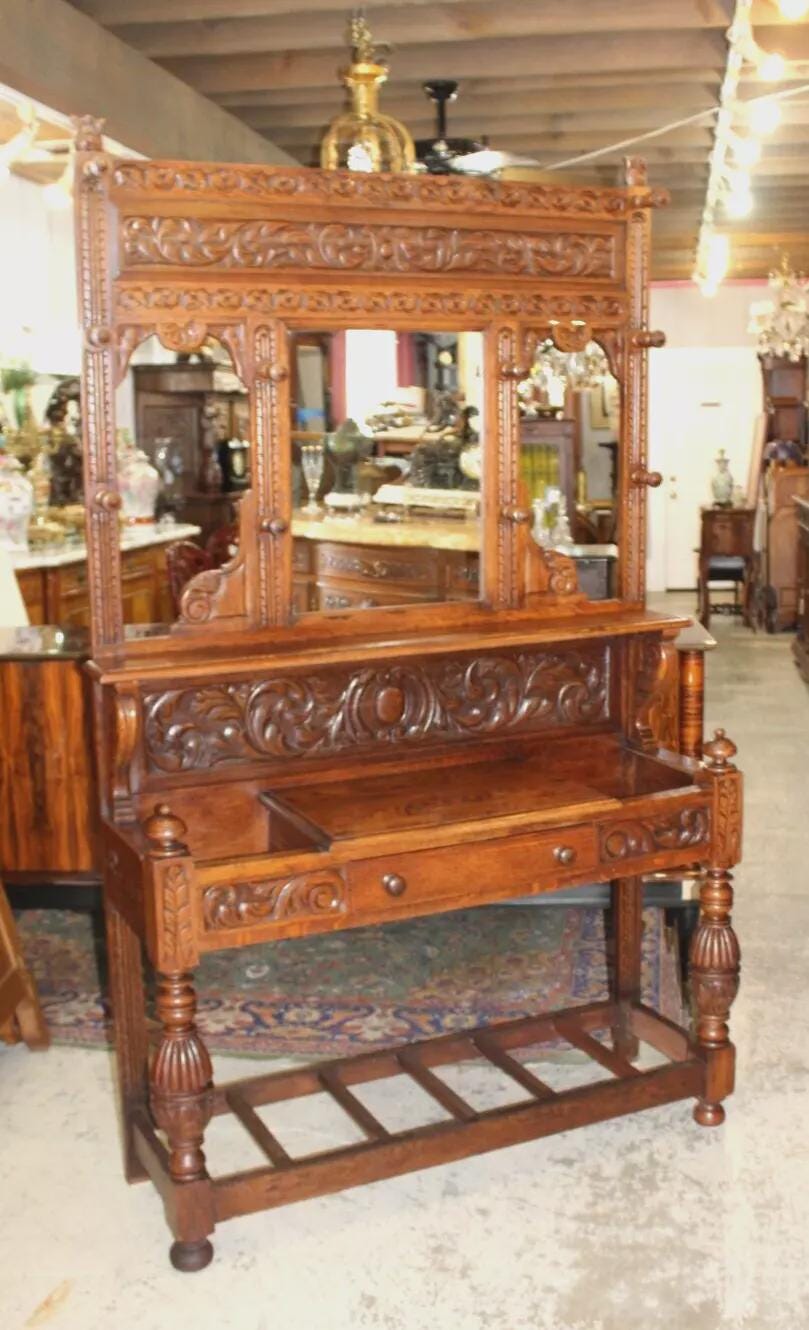 French Antique Oak Renaissance Hall Tree | Carved Coat Stand with Mirror