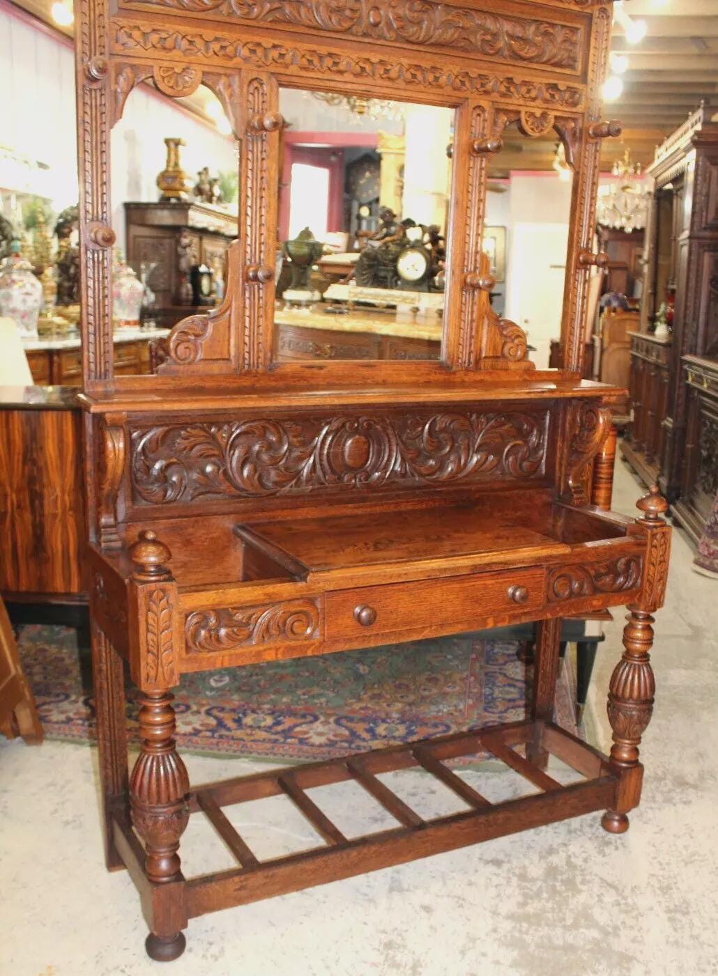 French Antique Oak Renaissance Hall Tree | Carved Coat Stand with Mirror
