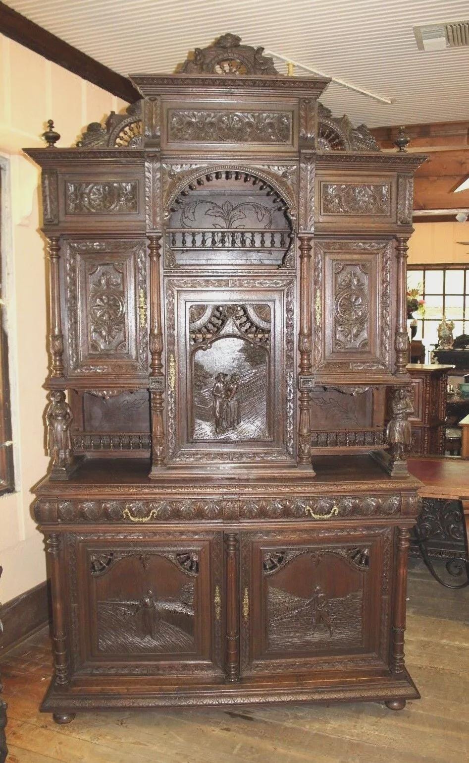 Exquisite French Antique Dark Oak Brittany Buffet Sideboard Bookcase
