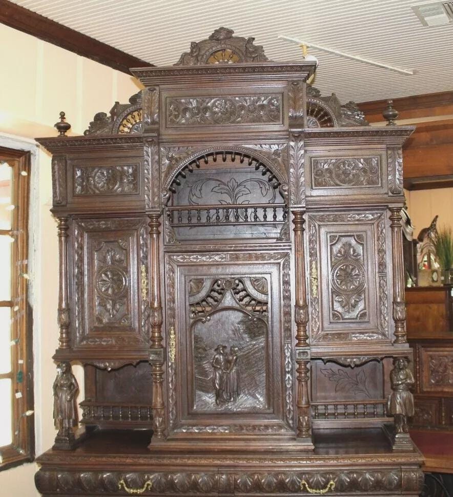 Exquisite French Antique Dark Oak Brittany Buffet Sideboard Bookcase
