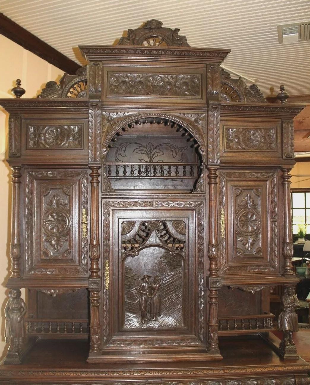 Exquisite French Antique Dark Oak Brittany Buffet Sideboard Bookcase