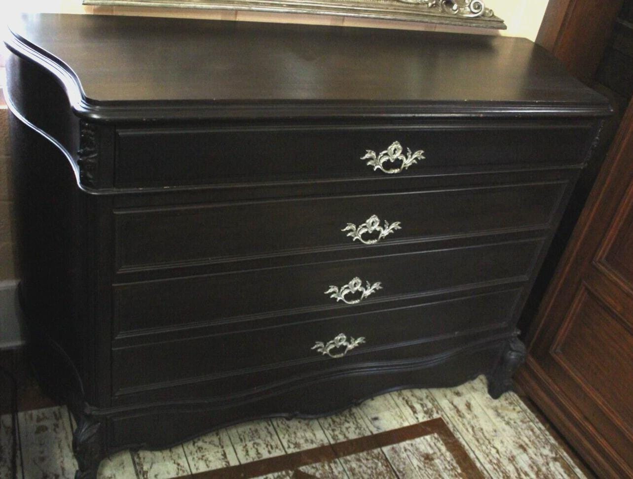 French Antique Louis XV Chest of Drawers | Painted Black w/ Ornate Hardware