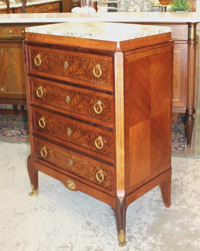 French Antique Rosewood Chest Signed Haentges Ferres Marble Top 5 Drawers
