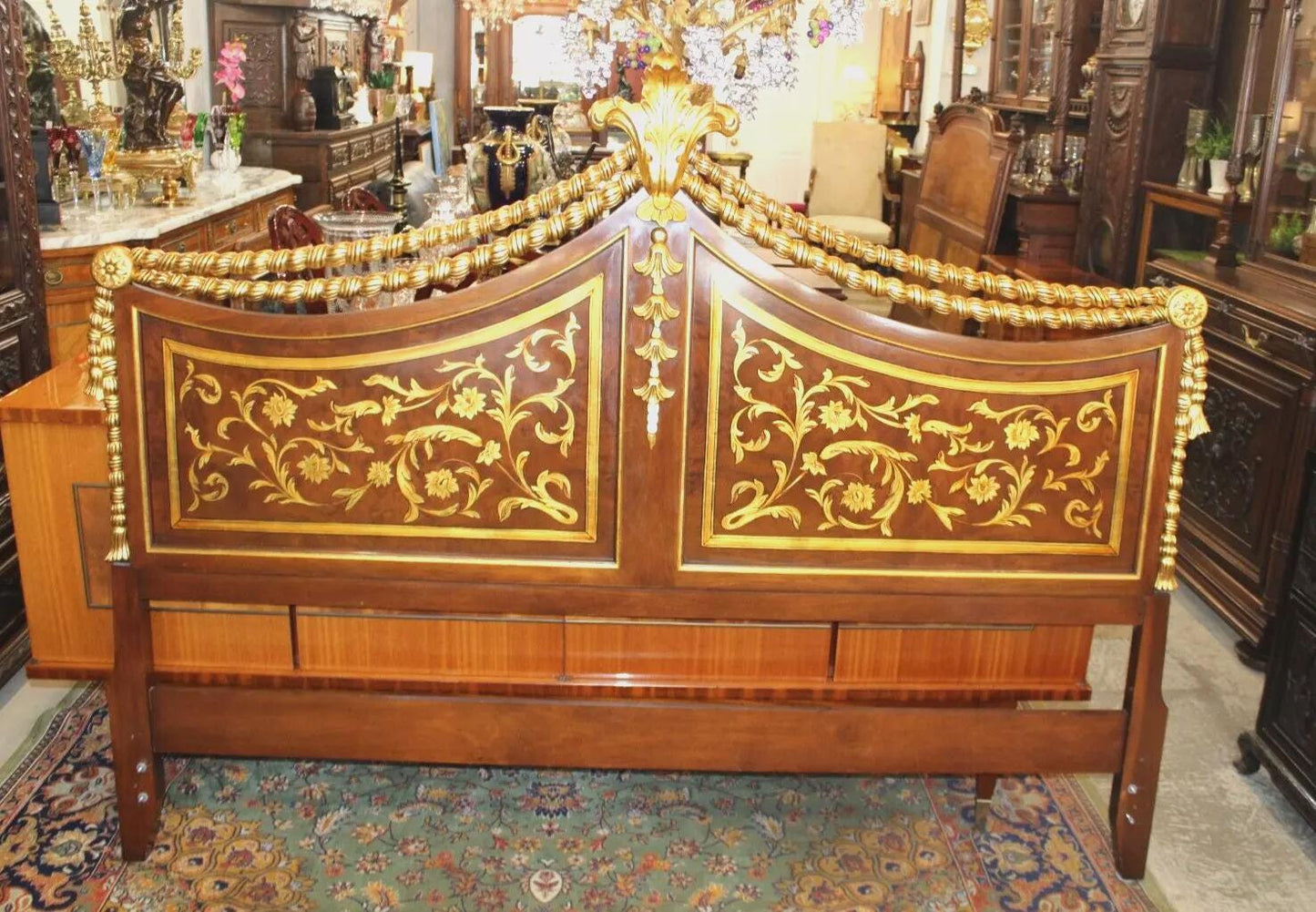 American Mahogany King Headboard by Karges | Hand-Carved Floral Inlay Detail