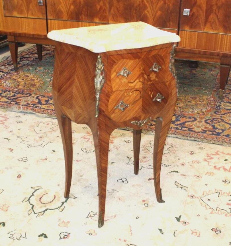 French Antique Inlaid Rosewood Nightstand w/ Marble Top & Bronze Mounts