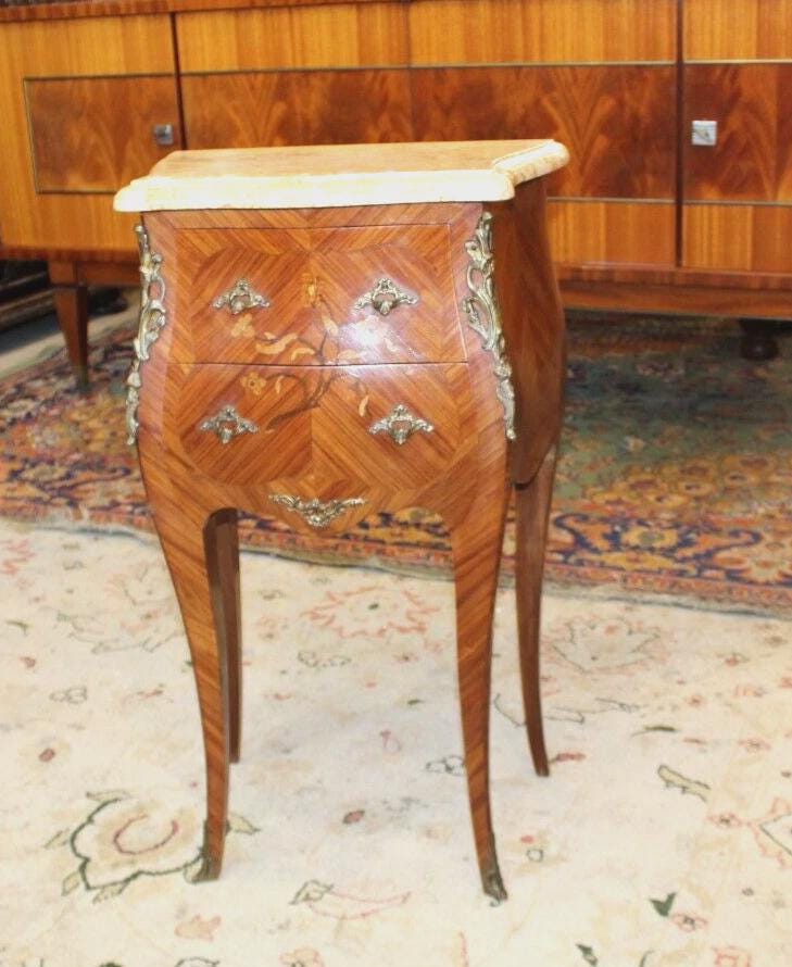 French Antique Inlaid Rosewood Nightstand w/ Marble Top & Bronze Mounts
