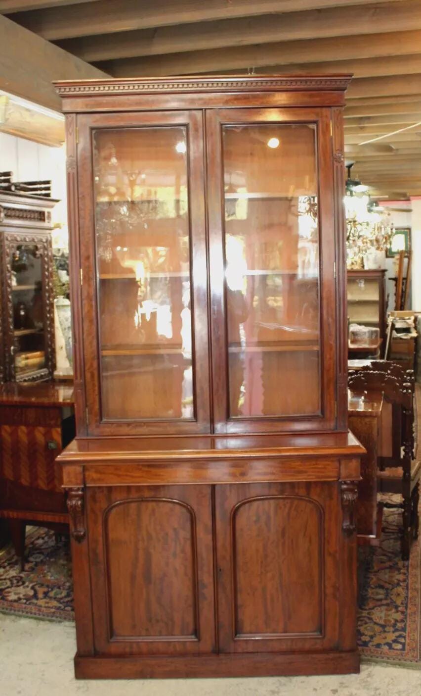 English Antique Mahogany Bookcase Display Cabinet with Glass Doors c. 19th C.