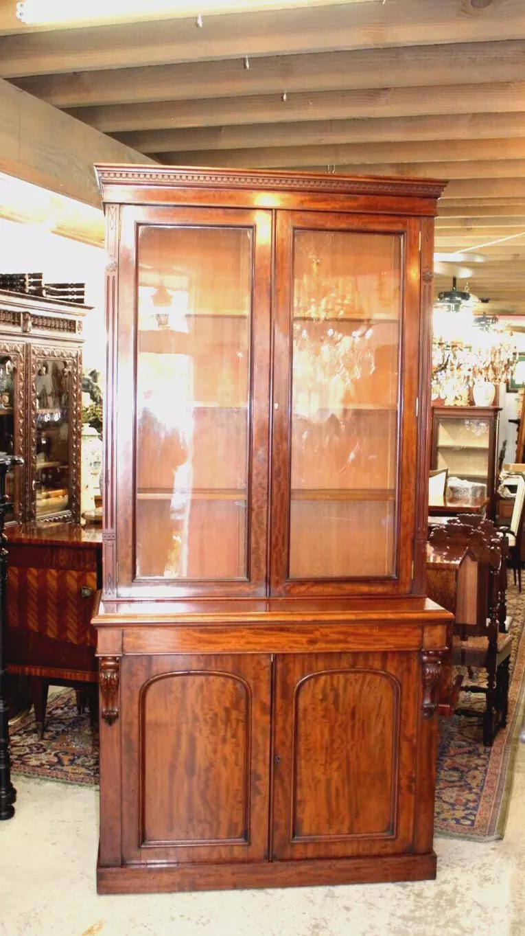 English Antique Mahogany Bookcase Display Cabinet with Glass Doors c. 19th C.