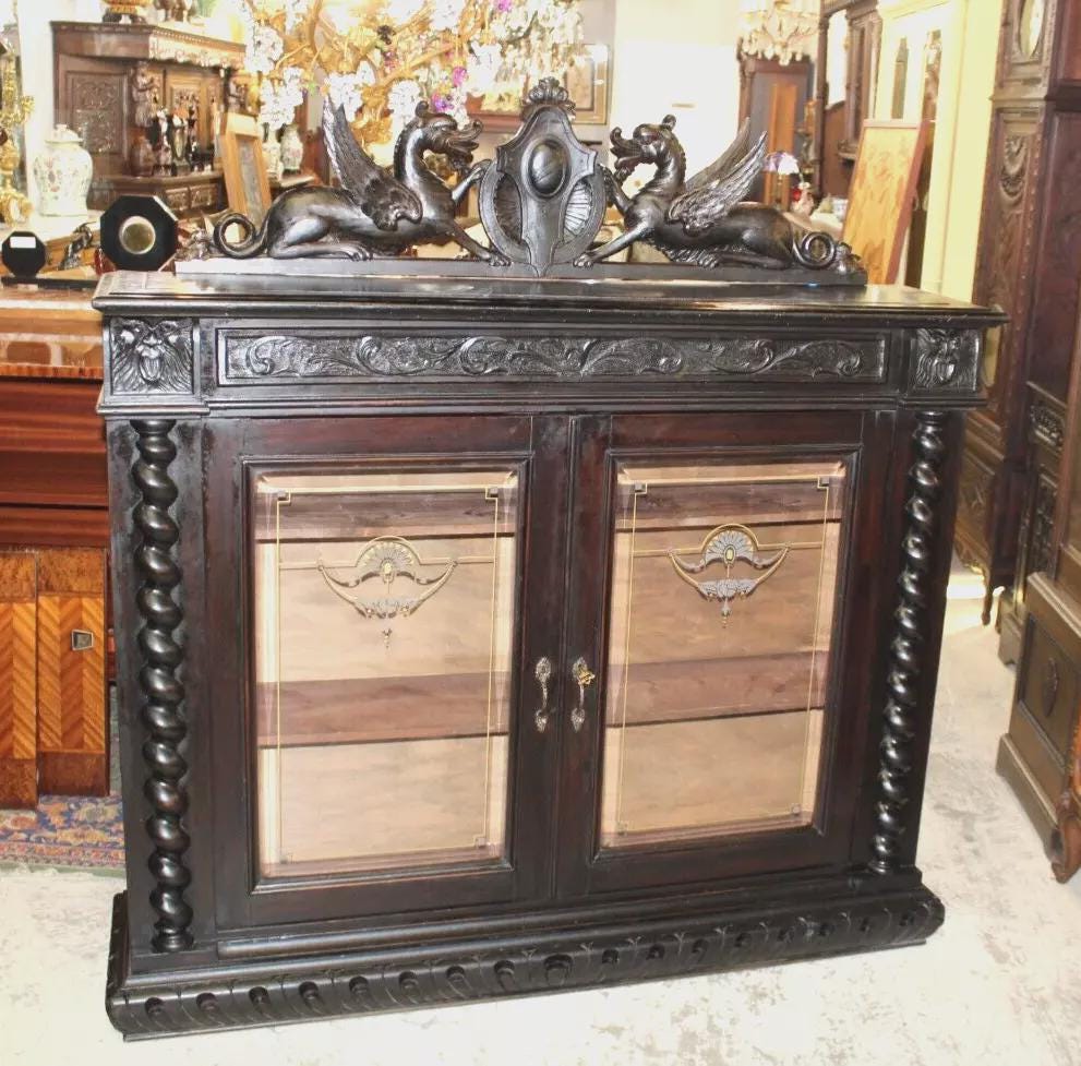 French Antique Louis XIII Glass Door Bookcase Display Cabinet w/ Griffins