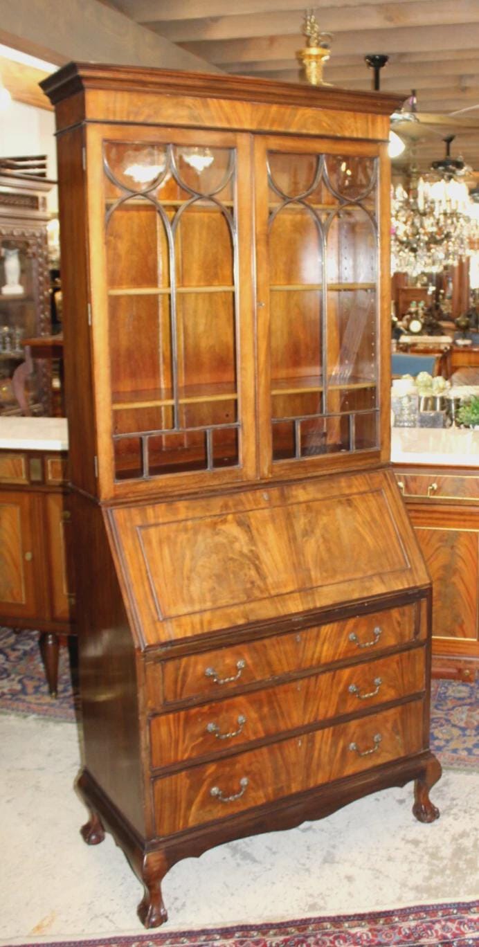 English Antique Chippendale Ball & Claw Mahogany Secretary Desk w/ Glass Doors